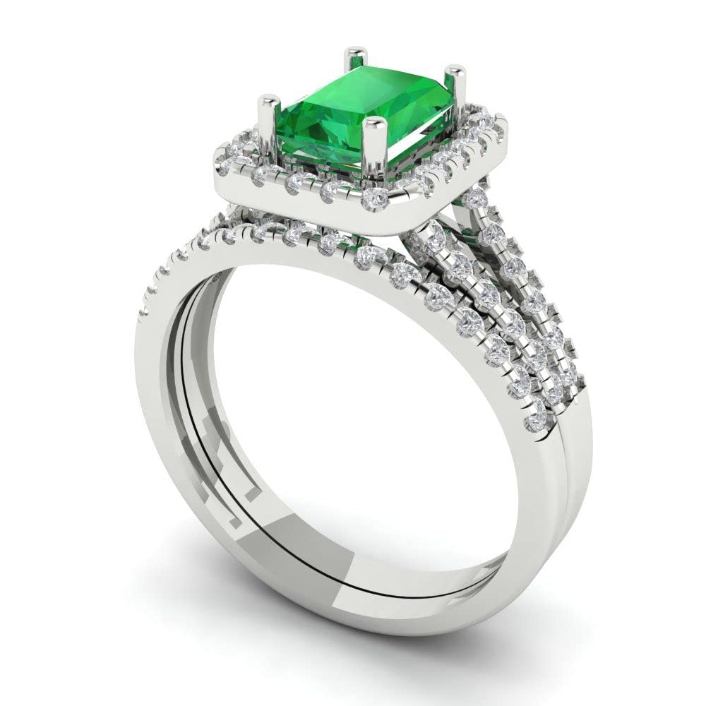 Clara Pucci 1.7ct Emerald Round Cut Laser Engraving Halo Split Shank Emerald Designer Statement Ring Band Set 18K White Gold Size 10.5