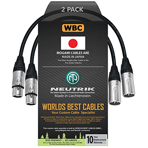 WORLDS BEST CABLES 2 Units - 0.5 Foot - Balanced Microphone Cable CUSTOM MADE using Mogami 2549 (Black) wire and Neutrik NC3MXX & NC3FXX Silver XLR Plugs