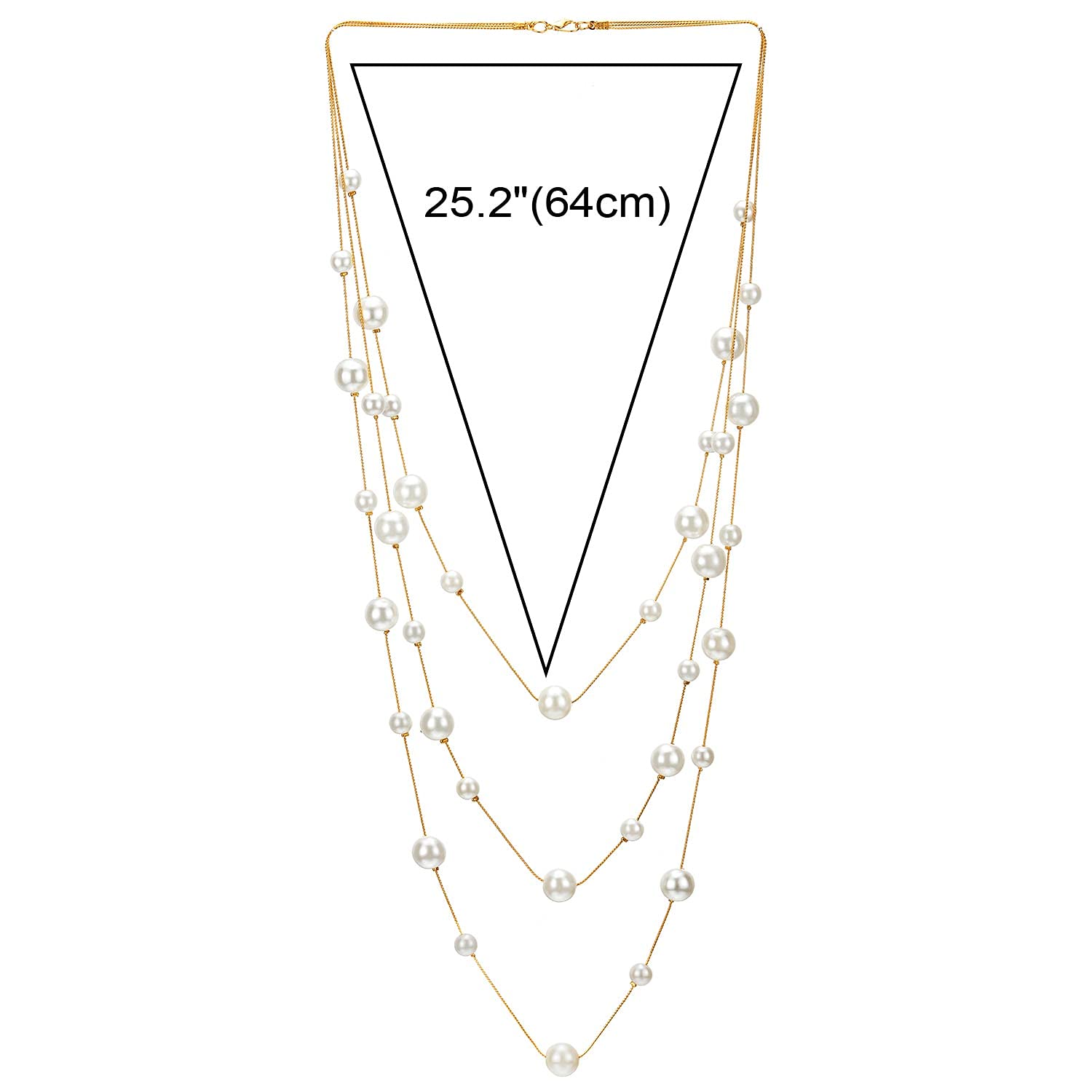 Gold White Statement Necklace Three-Strand Long Chains with Synthetic Pearl Beads, Elegant, Dress