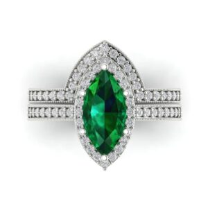 2.26ct Marquise Round Cut Laser Engraving Pave Halo Emerald Designer Statement Classic Ring Band Set 18K White Gold Size 3.75