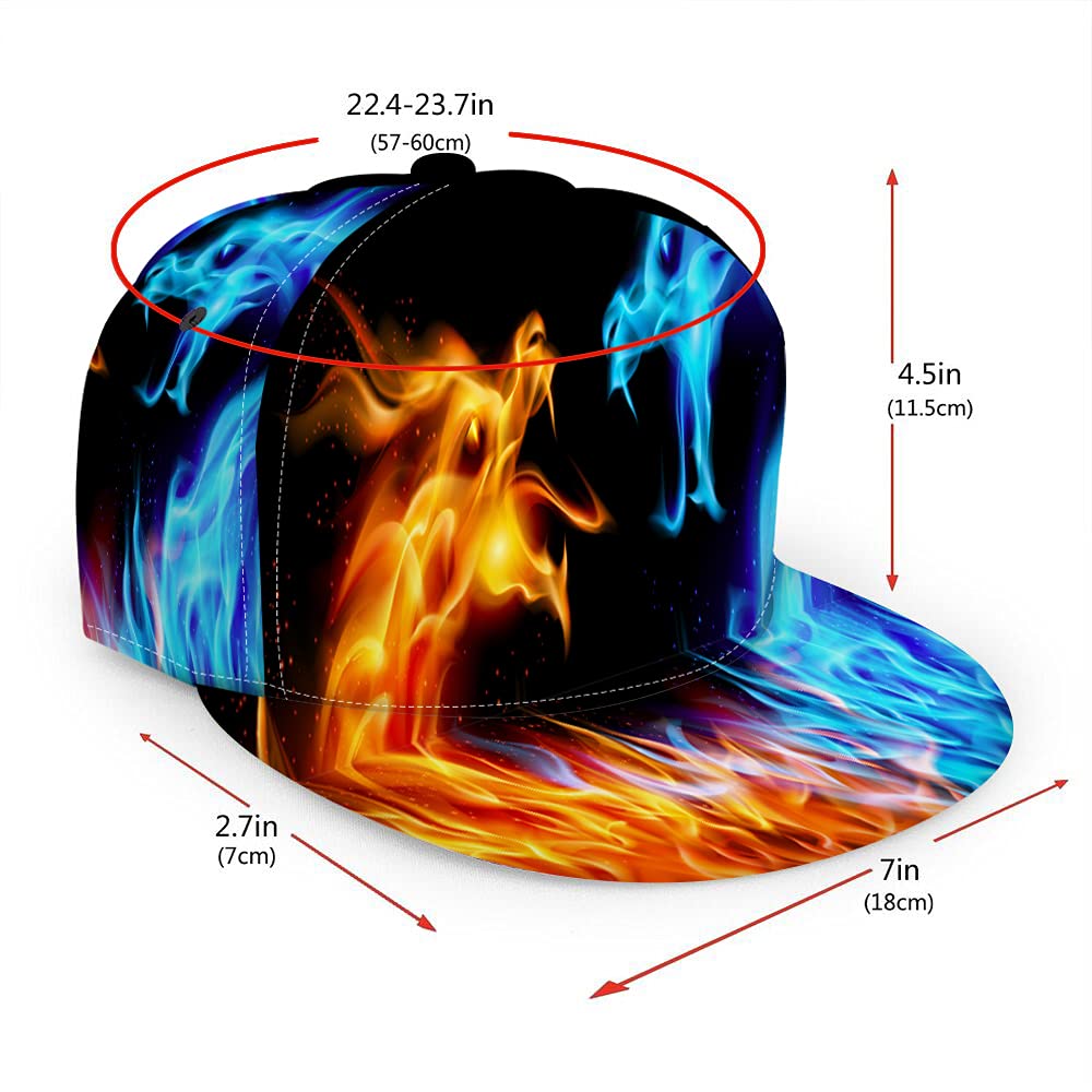 WONDERTIFY Fiery Dragons Baseball Cap Chinese Medieval Myth Fantasy Flame Monster Snapback Hat Unisex Trucker Hat Hip Hop Plaid Flat Bill Brim Adjustable Blue Red