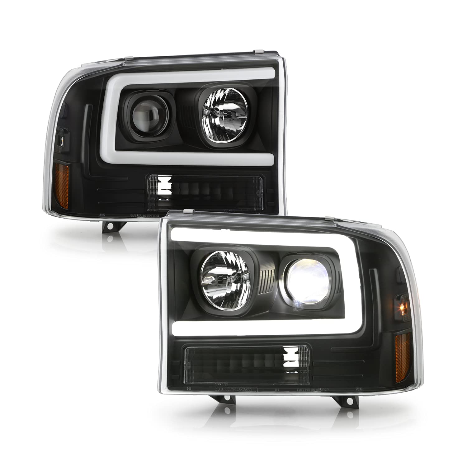 AKKON - Fits 1999-2004 Ford F250/F350/F450/F550 Super Duty Excursion LED Parking Tube Projector Black Headlights Pair Left+Right