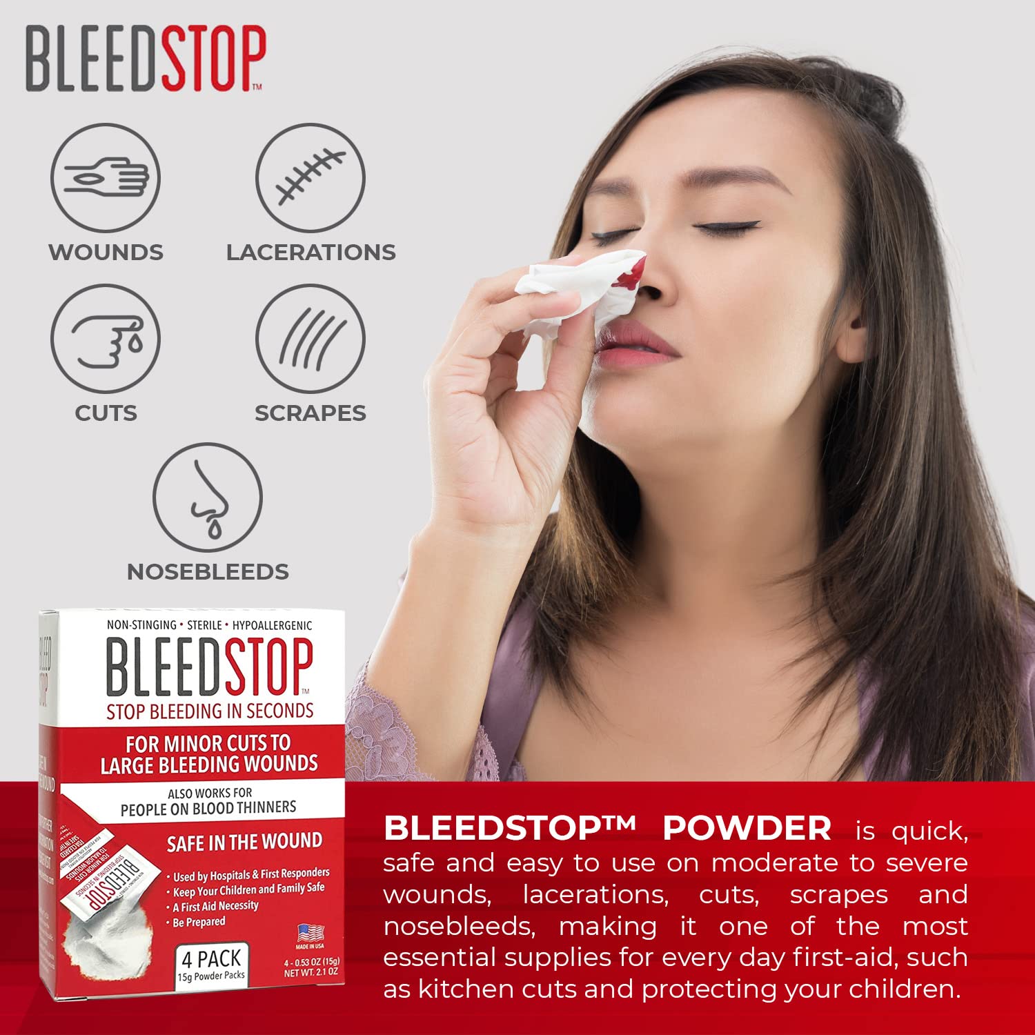 BleedStop™ First Aid Powder for Blood Clotting, Trauma Kit, Blood Thinner Patients, Camping Safety, and Survival Equipment for Moderate to Severe Bleeding Wounds or Nosebleeds - 4 (20g) Pouches