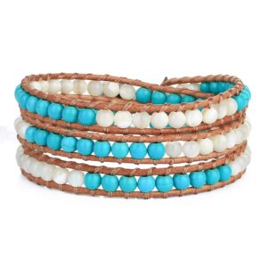 KELITCH Shell Created-Turquoise Beaded Bracelets Handmade Leather 3 Wrap Bracelets Chic Bangle Jewelry