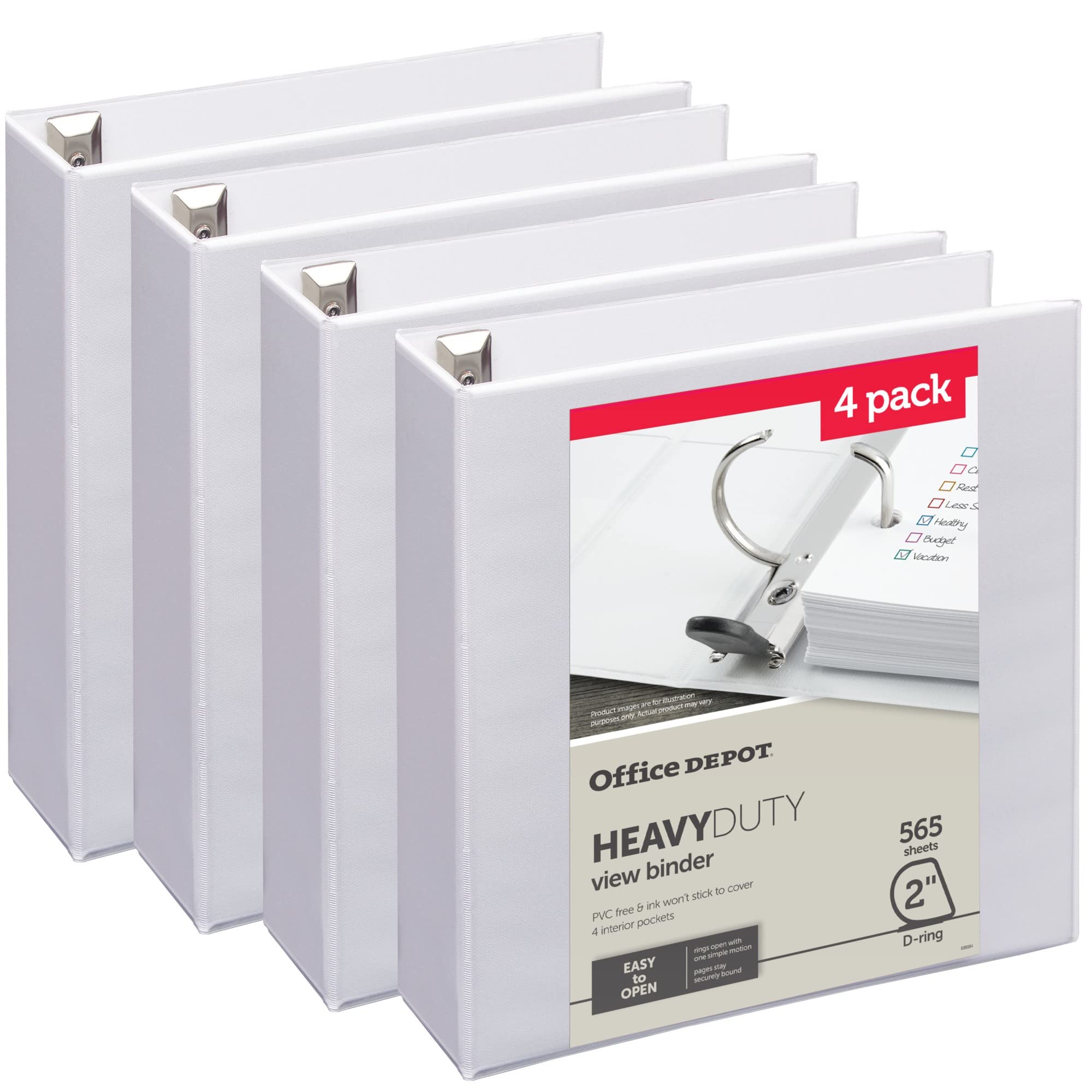 Office Depot® Heavy-Duty View 3-Ring Binder, 2" D-Rings, White, 49% Recycled, Pack of 4