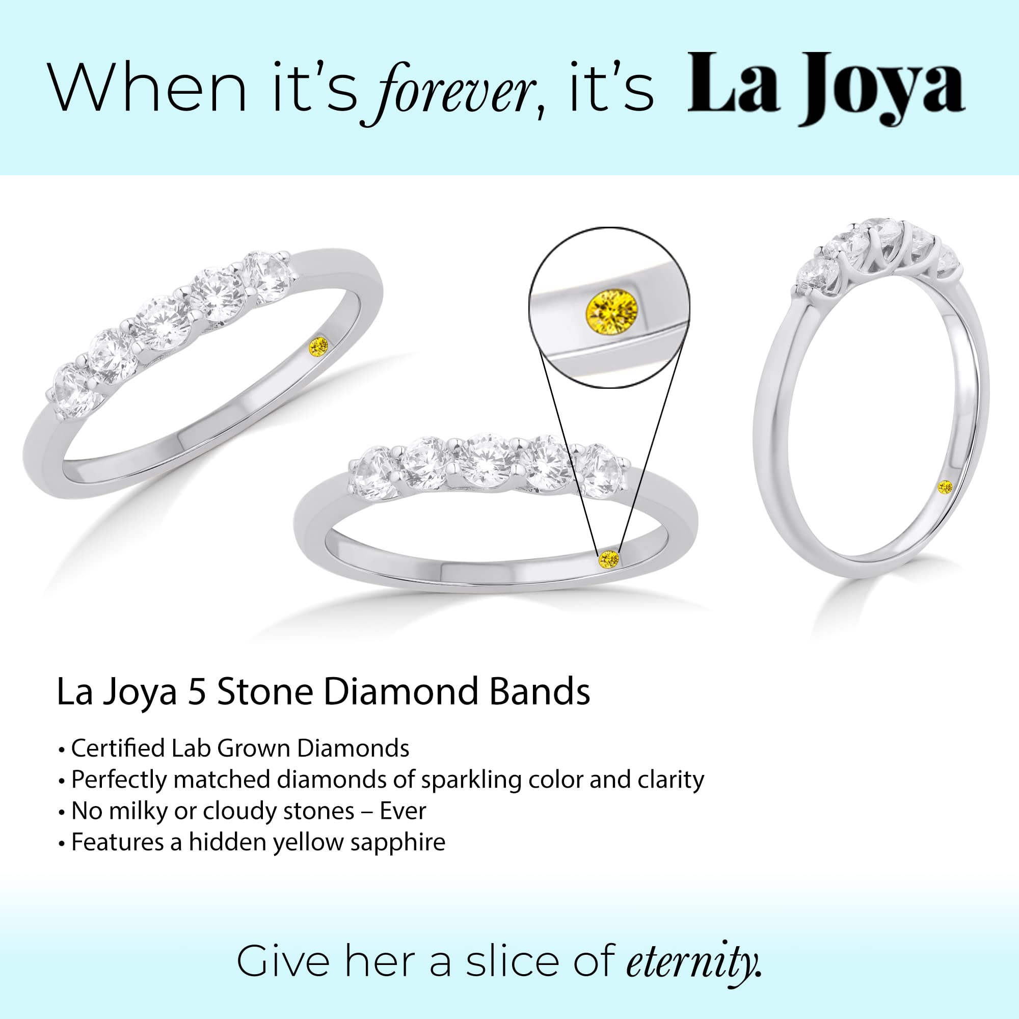 La Joya 3/4 CT TW Certified Lab Grown Diamond Five Stone Band Rings for Women | Sparkling 10k White Gold Diamond Band for Weddings, Anniversary Band and Diamond Stackable Rings | Ring Size 7.5