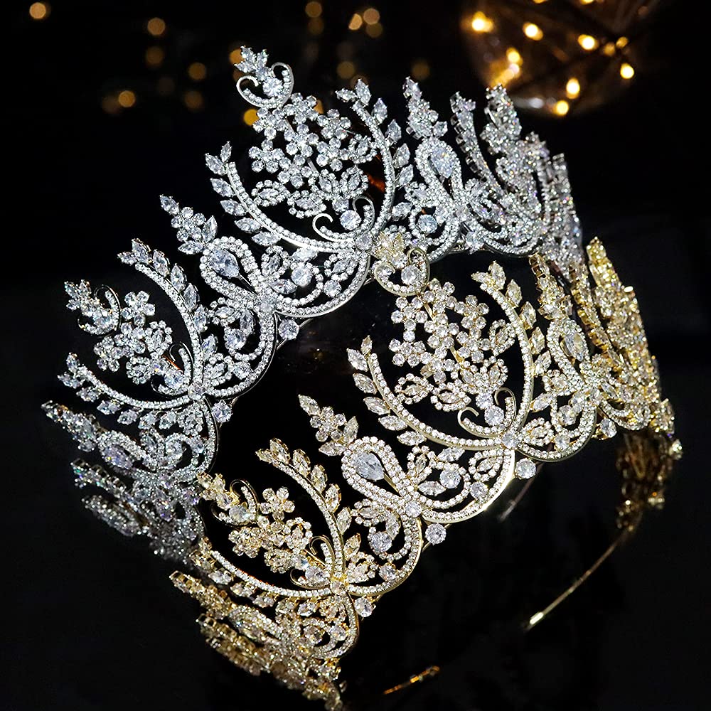 Jorsnovs Luxury Cubic Zirconia Saudi Arabia Big Tiaras CZ Zircon Tall Crowns Royal Hair Jewelry Accessories Wedding Birthday Party Headband Gift for Women