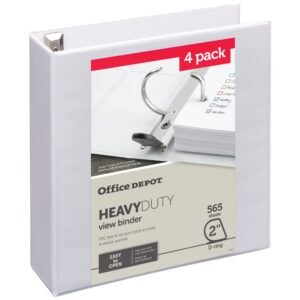 Office Depot® Heavy-Duty View 3-Ring Binder, 2" D-Rings, White, 49% Recycled, Pack of 4