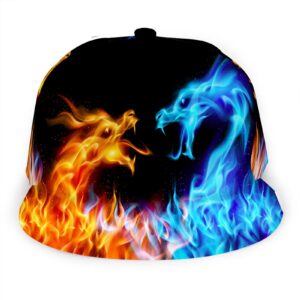 wondertify fiery dragons baseball cap chinese medieval myth fantasy flame monster snapback hat unisex trucker hat hip hop plaid flat bill brim adjustable blue red