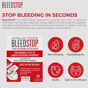 BleedStop™ First Aid Powder for Blood Clotting, Trauma Kit, Blood Thinner Patients, Camping Safety, and Survival Equipment for Moderate to Severe Bleeding Wounds or Nosebleeds - 4 (20g) Pouches