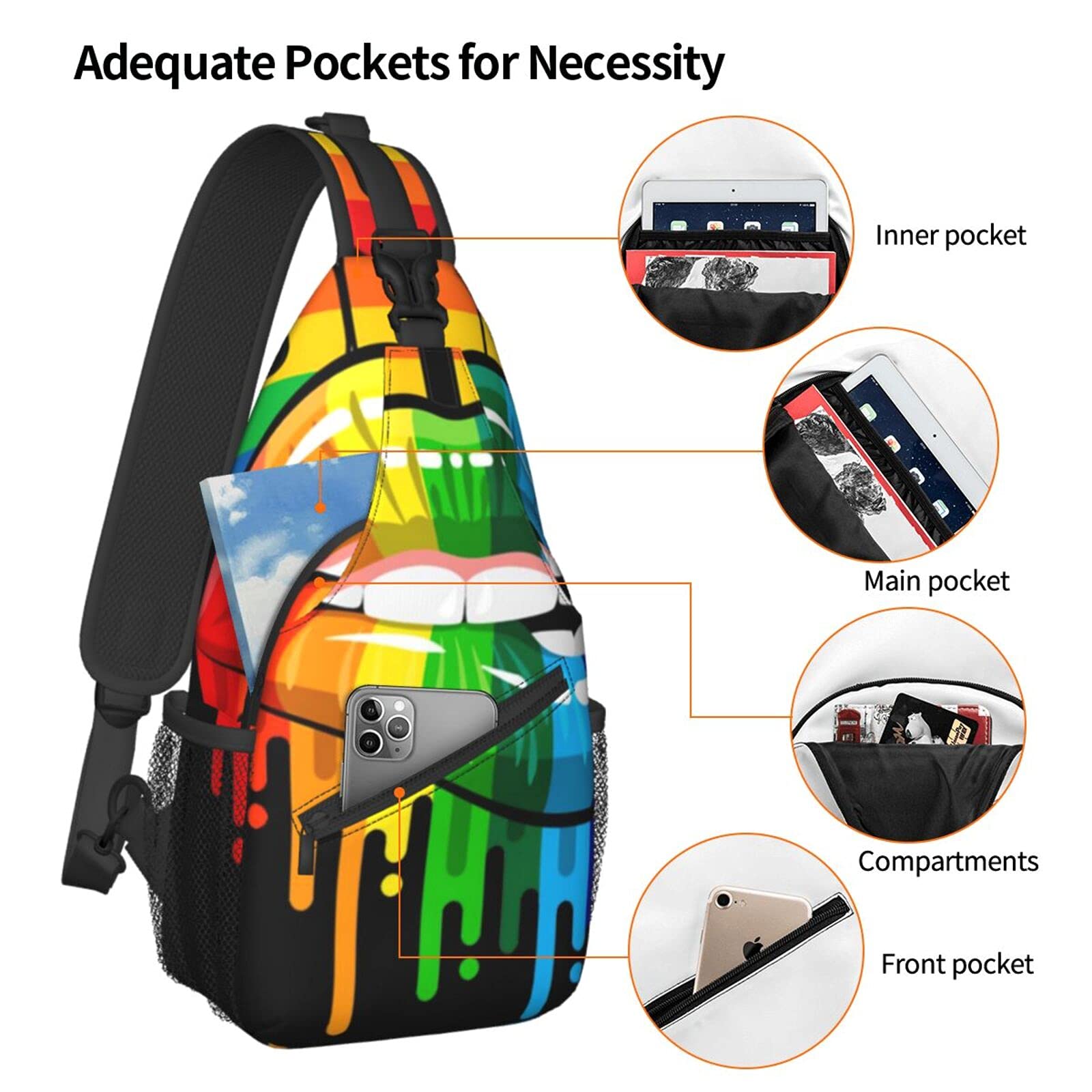 AMRANDOM Mens & Womens Shoulder Chest Sling Bags Lgbt Pride Lips Black Backpacks for Travel Outdoors Running, Fashion Casual Crossbody Bags, One Size