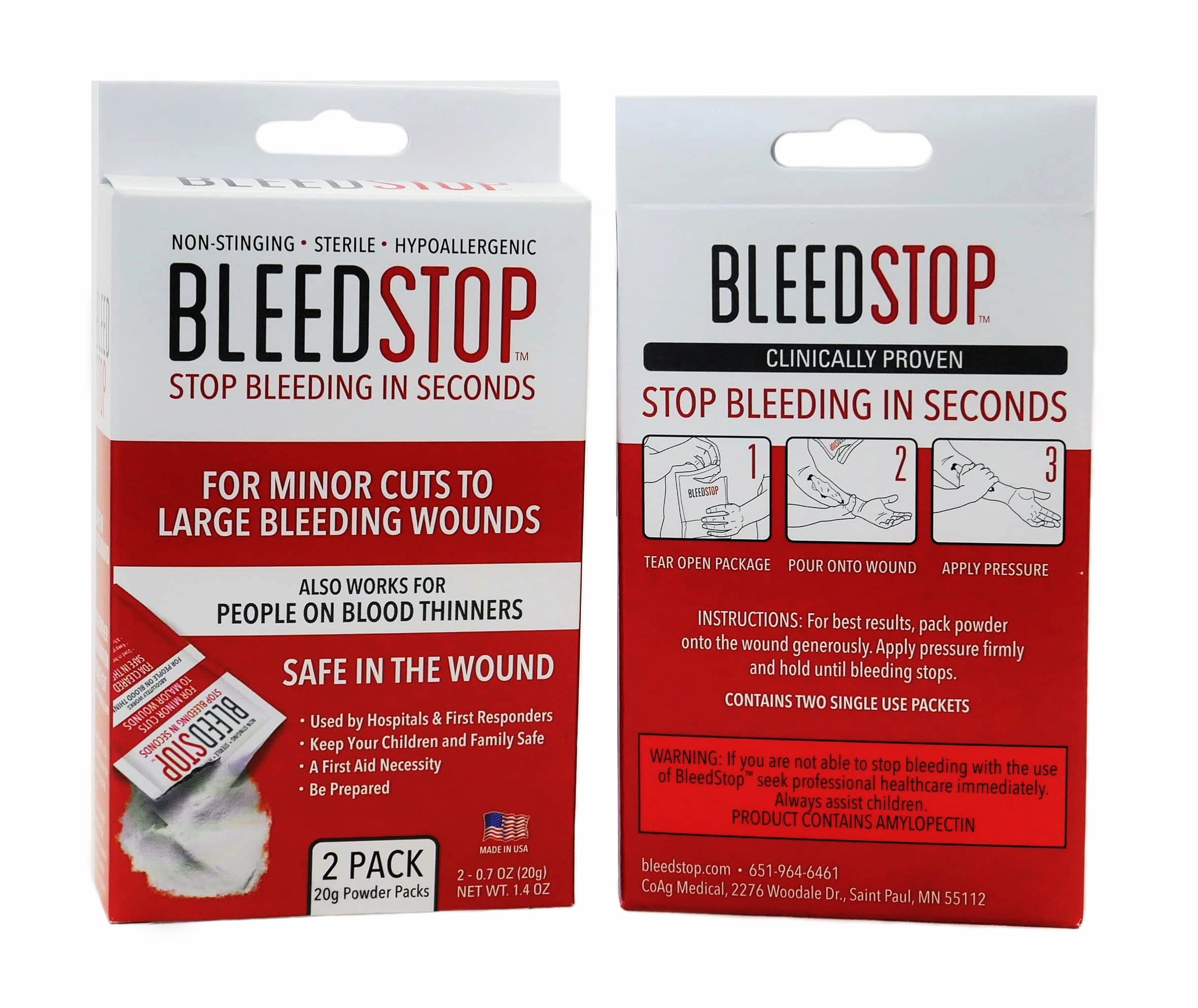 BleedStop™ First Aid Powder for Blood Clotting, Trauma Kit, Blood Thinner Patients, Camping Safety, and Survival Equipment for Moderate to Severe Bleeding Wounds or Nosebleeds - 4 (20g) Pouches