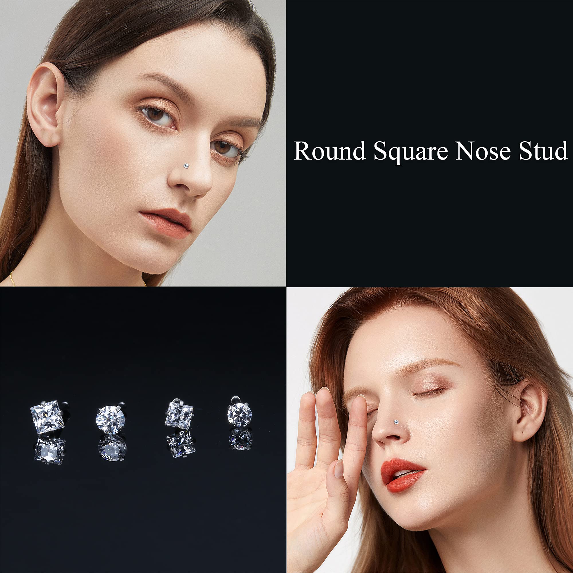 VALDEAS 20G Nose Ring Studs CZ 316L Stainless Steel for Women 8 Pcs Bone Rings Set Austrian Cubic Zirconia Piercing Jewelry Round Square Shapes Stud 1.5MM