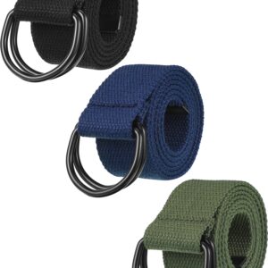 Funtery 3 Pieces Men Canvas Belt with Metal Double D Ring Buckle Military Style Casual Belts Fabric Canvas Waist Belts Closure Canvas Cloth Belts for Men and Women (Army Green, Black, Dark Blue)