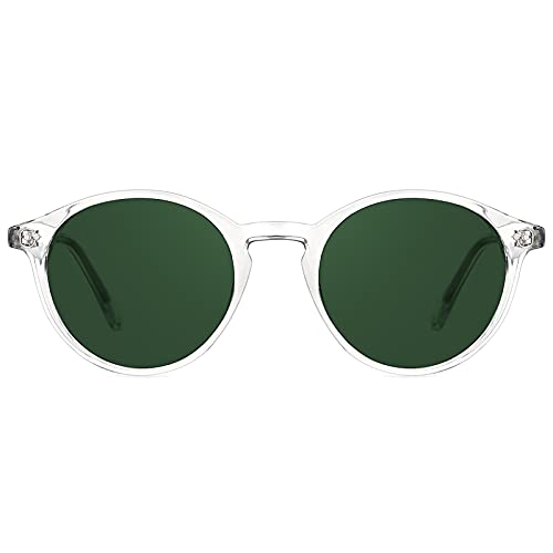 TIJN Polarized Colored Sunglasses for Womens Mens,Retro Small Round Frame,UV400 Protection Tinted Lens Sunnies(Clear+Green)