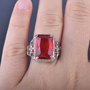 Gixaxak Elegant Huge Tanzanite 925 Silver Ruby Ring Emerald-Cut AAA CZ Engagement Ring Red Oversized Rectangular 3A Zircon Engagement Ring for Women 9