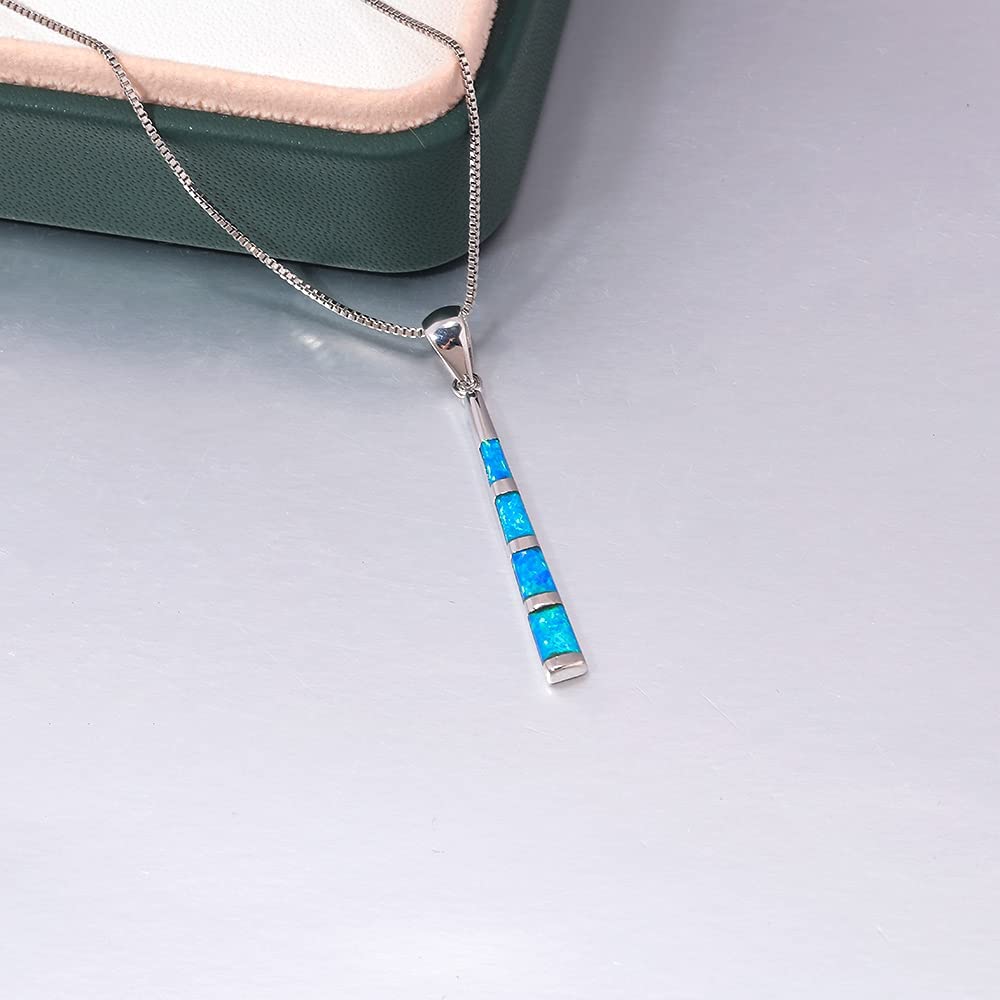 CiNily Blue Opal Pendant Necklace for Women 14K White Gold Plated Long Disc Pendant Ladies Fashion Gemstone Jewelry