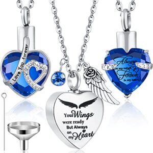 jadive 3 pcs summer cremation heart urn necklace ashes jewelry for women ocean crystal necklace waterproof memorial pendant stainless steel keepsake with angel wing 12 birthstones filling kit