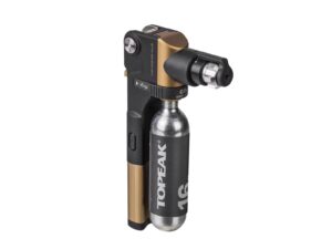 topeak tubi master+, compact tubeless tire repair kit with 3.5mm plug tool, plugs, co2 inflator, one 16g co2 cartridge, and knife, strap mount