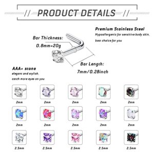 MILACOLATO 20G Nose Rings 316L Surgical Stainless Steel Nose Ring Studs L Shaped Studs Rings CZ Nose Ring Labret Nose Piercing Jewelry for Men Women