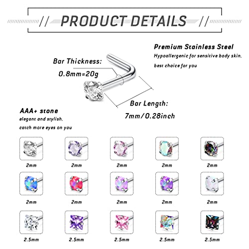 MILACOLATO 20G Nose Rings 316L Surgical Stainless Steel Nose Ring Studs L Shaped Studs Rings CZ Nose Ring Labret Nose Piercing Jewelry for Men Women