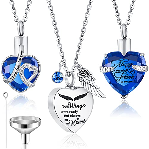 Jadive 3 Pcs Summer Cremation Heart Urn Necklace Ashes Jewelry for Women Ocean Crystal Necklace Waterproof Memorial Pendant Stainless Steel Keepsake with Angel Wing 12 Birthstones Filling Kit