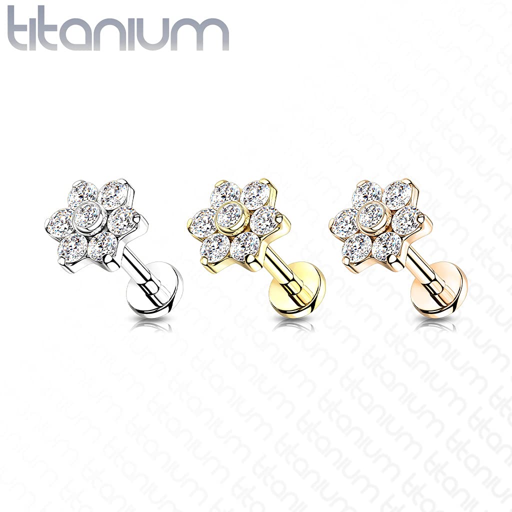 Dynamique Implant Grade Titanium Internally Threaded Labret, Flat Back Studs With 6 CZ Set Flower Top (Sold Per Piece)