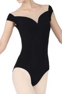 dance elite sashay dance leotard – off shoulder illusion neckline black leotard for women (adult l, black)