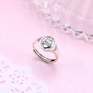 S925 Sterling Silver Flaming Sacred Heart Rings Catholic Faith Charm Women Signet Ring Adjustable Love of God Thorn Jewelry Easter Gifts, Size 7