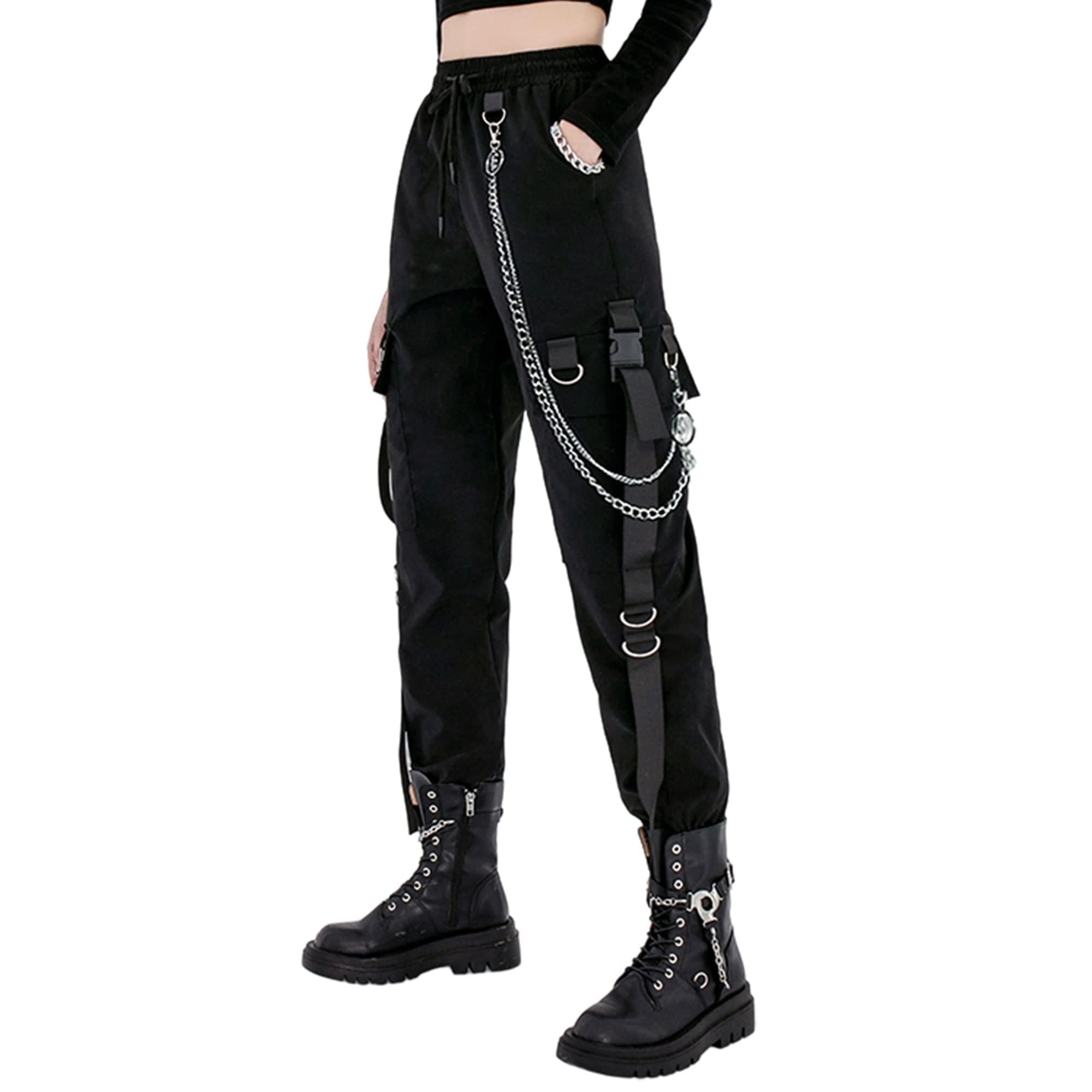 MEINVQIAOTI Black Cargo Pants for Women Techwear Women Loose Street Rock Style Casual Black Pants with Chain Goth Pants (Black,L)