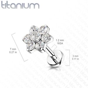 Dynamique Implant Grade Titanium Internally Threaded Labret, Flat Back Studs With 6 CZ Set Flower Top (Sold Per Piece)