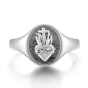 S925 Sterling Silver Flaming Sacred Heart Rings Catholic Faith Charm Women Signet Ring Adjustable Love of God Thorn Jewelry Easter Gifts, Size 7