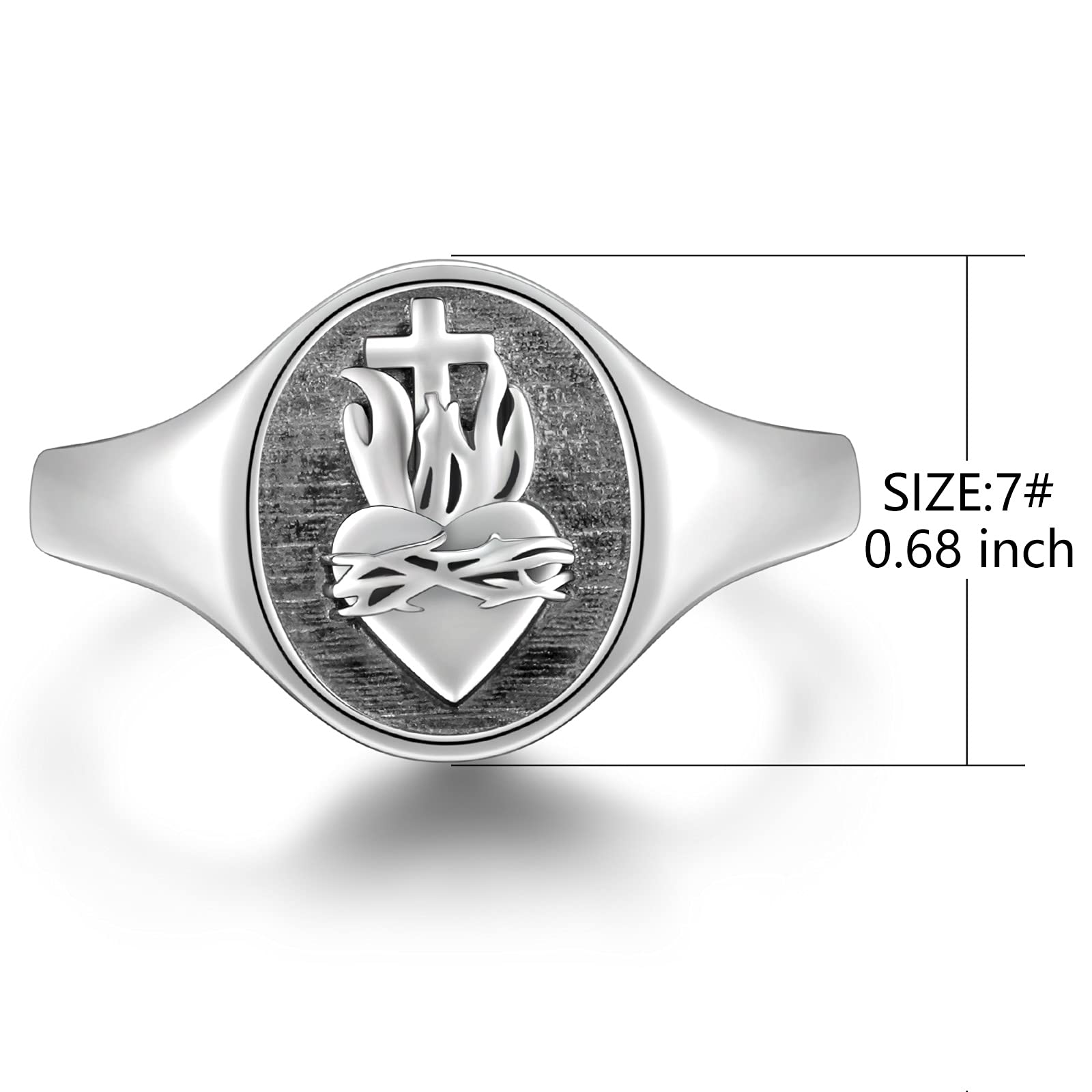 S925 Sterling Silver Flaming Sacred Heart Rings Catholic Faith Charm Women Signet Ring Adjustable Love of God Thorn Jewelry Easter Gifts, Size 7