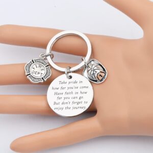 FUSTMW Firefighter Gifts Keychain Fireman Gifts Firefighter Graduation Gifts Take Pride in How Far You Have Come (silver)