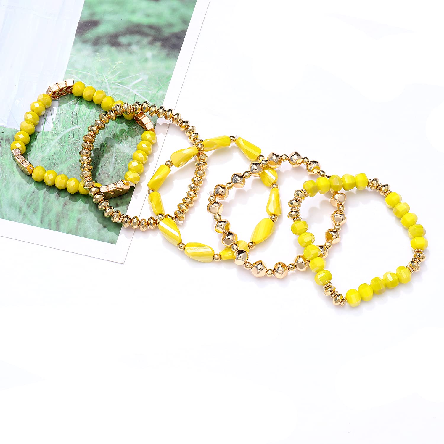 MOLOCH Beaded Bracelet For Woman -Multiple Stackable Layered Bracelets-Rainbow Elastic Stretchy Bracelet- Boho y2k Bracelet-Surfer Beach Bracelet (yellow)