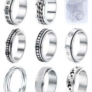 MUCAL Fidget Rings for Anxiety 8pcs Stainless Steel Spinner Ring Anti Anxiety Ring Spinning Moon Star Cool Stress Relieveing Rings for Women Men