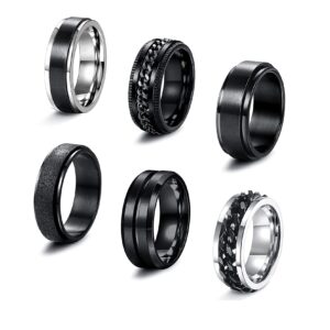 sailimue 6 pcs 6/8 mm black spinner rings for men women stainless steel fidget ring anxiety stress relieving cool chain fashion ring set wedding promise band rings size 9