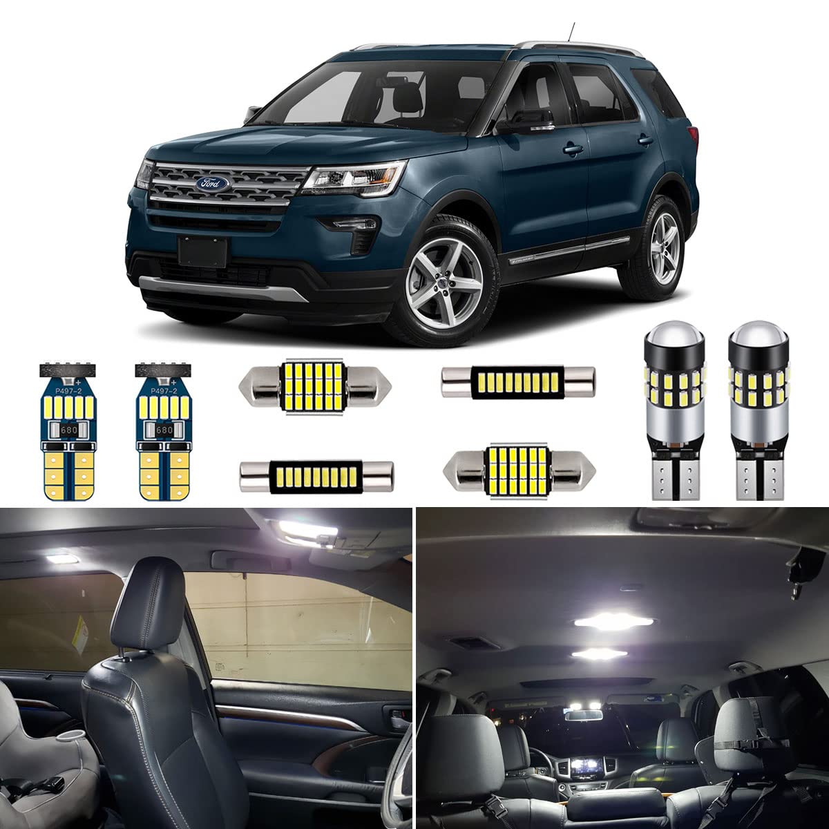 AUTOGINE White LED Interior Lights Kit Package for Ford Explorer 2011 2012 2013 2014 2015 2016 2017 2018 2019 Super Bright 6000K Interior LED Light Bulb Package + Install Tool