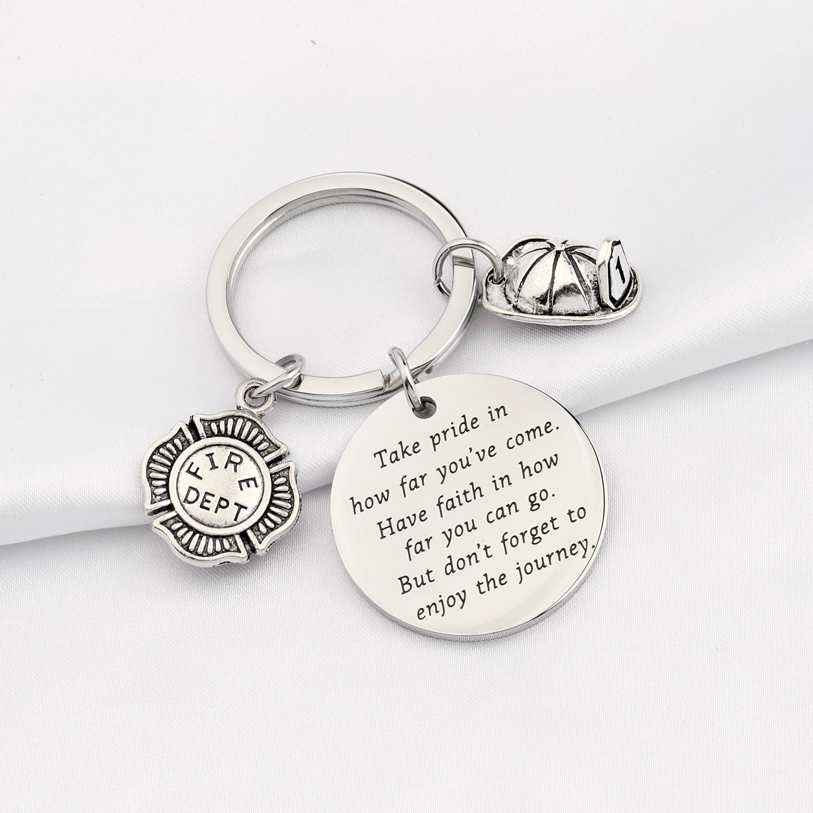 FUSTMW Firefighter Gifts Keychain Fireman Gifts Firefighter Graduation Gifts Take Pride in How Far You Have Come (silver)