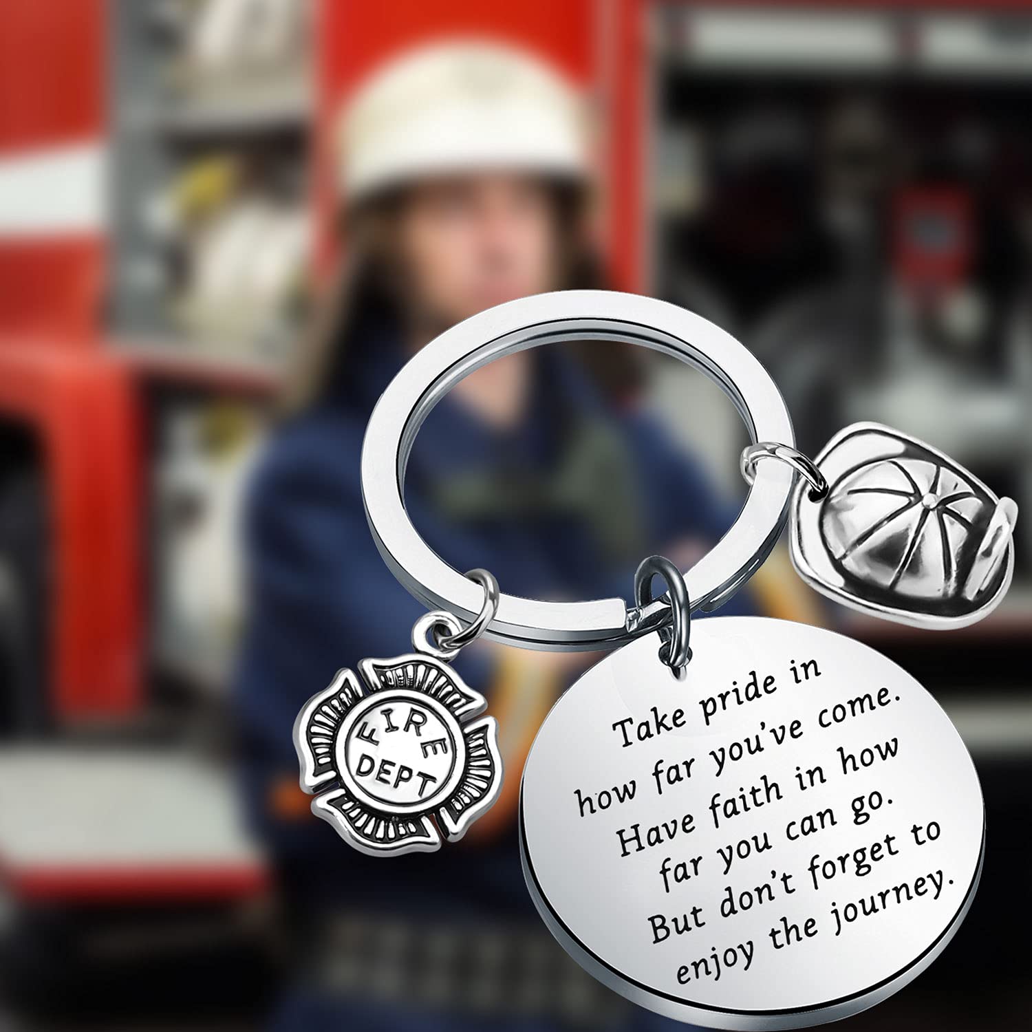 FUSTMW Firefighter Gifts Keychain Fireman Gifts Firefighter Graduation Gifts Take Pride in How Far You Have Come (silver)