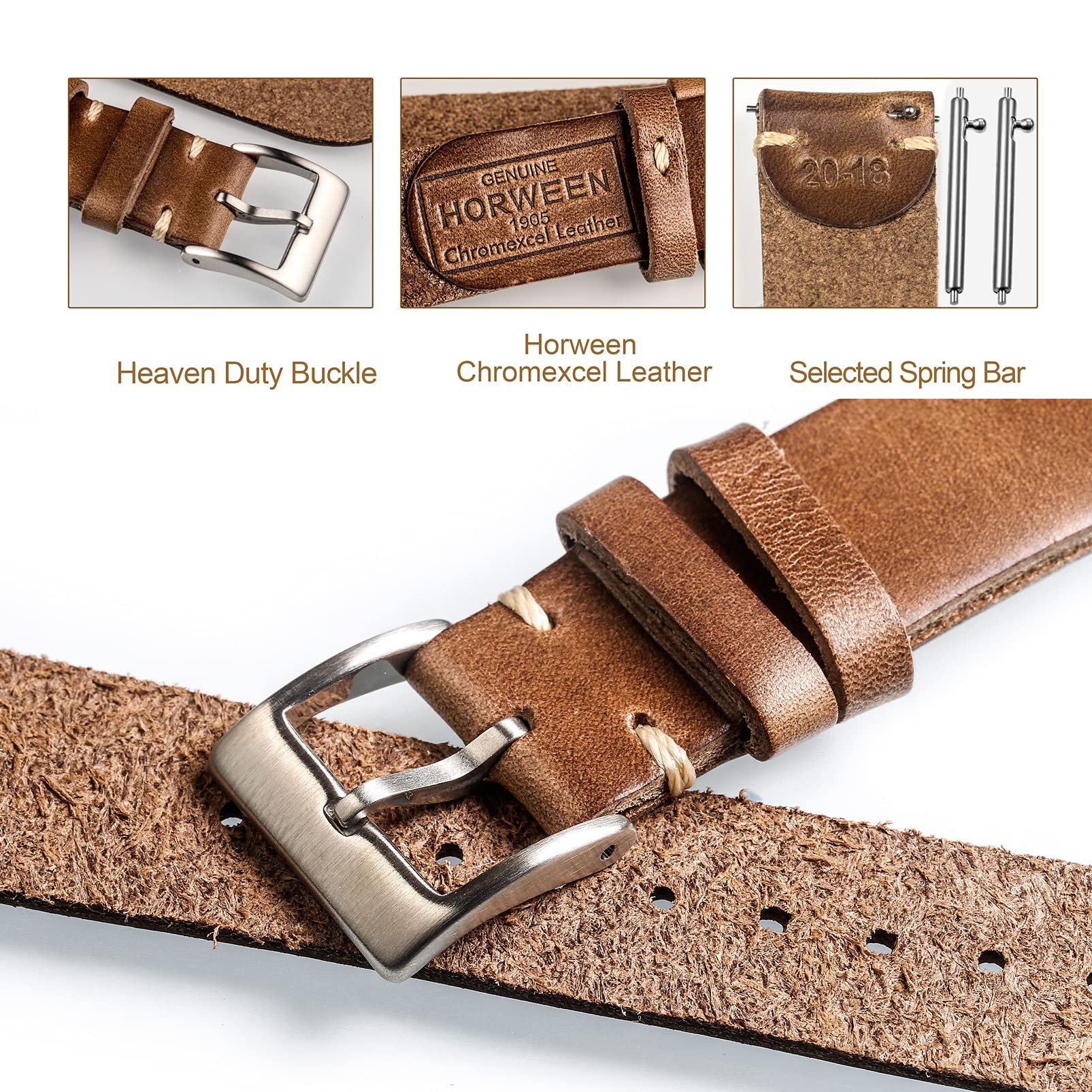 hemsut h 20mm Leather Watch Bands for Men, Thin Soft Horween Leather Watch Strap Quick Release Vintage Watch Wrap