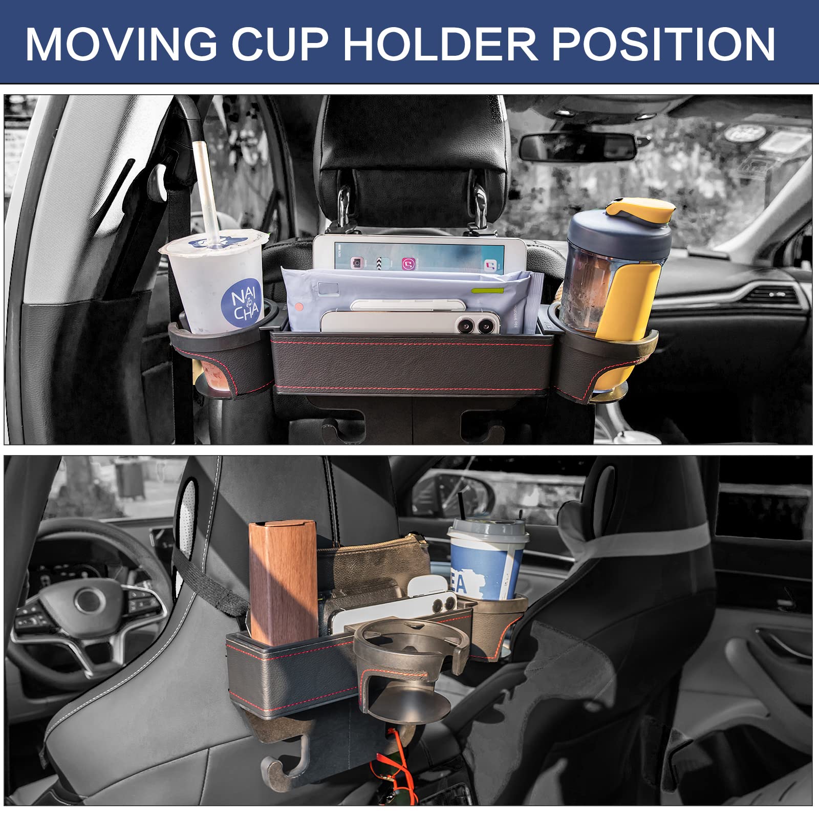 UILB Tesla 2 Cup Holder Car Rear Seat Two Big Side Cup Holder, Backseat Oraginzer with Two Cup Holder, DIY Position, Storage Box for Money, Card, Holding Phone, Wallet