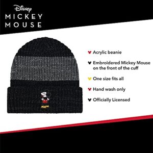 Disney Mickey Mouse Cuffed Beanie Hat, Knitted Stocking Cap, Black/Grey