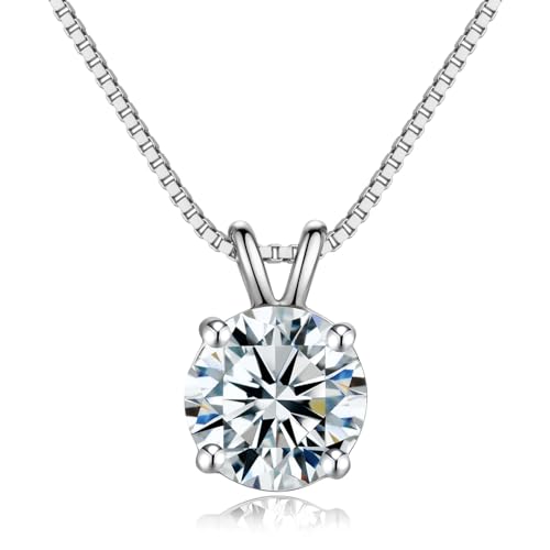 DOWOS 925 Sterling Silver Dainty Diamond Necklace for Women Mother's Day, 18K White Gold Plated 8mm Round Brilliant Cut Solitaire Pendant Necklace for Women, Classic 4 Prong 18''+2'' Dainty Chain Necklace 8mm/2carat(white gold)