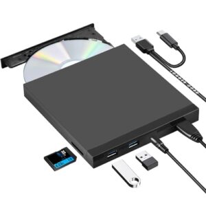 ROOFULL External CD DVD Drive USB 3.0 & USB-C CD & DVD Player Burner Portable CD/DVD +/-RW Disc Reader Writer with SD Card Slot and USB Ports for Laptop Desktop PC Windows 11/10, Apple Mac Computer