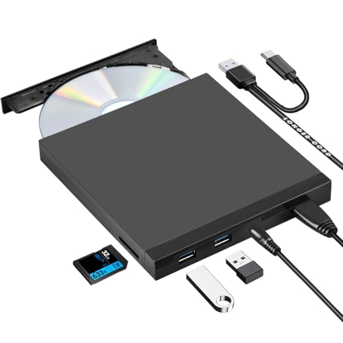 ROOFULL External CD DVD Drive USB 3.0 & USB-C CD & DVD Player Burner Portable CD/DVD +/-RW Disc Reader Writer with SD Card Slot and USB Ports for Laptop Desktop PC Windows 11/10, Apple Mac Computer