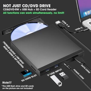 ROOFULL External CD DVD Drive USB 3.0 & USB-C CD & DVD Player Burner Portable CD/DVD +/-RW Disc Reader Writer with SD Card Slot and USB Ports for Laptop Desktop PC Windows 11/10, Apple Mac Computer