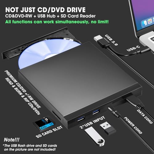 ROOFULL External CD DVD Drive USB 3.0 & USB-C CD & DVD Player Burner Portable CD/DVD +/-RW Disc Reader Writer with SD Card Slot and USB Ports for Laptop Desktop PC Windows 11/10, Apple Mac Computer