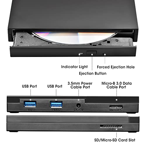 ROOFULL External CD DVD Drive USB 3.0 & USB-C CD & DVD Player Burner Portable CD/DVD +/-RW Disc Reader Writer with SD Card Slot and USB Ports for Laptop Desktop PC Windows 11/10, Apple Mac Computer