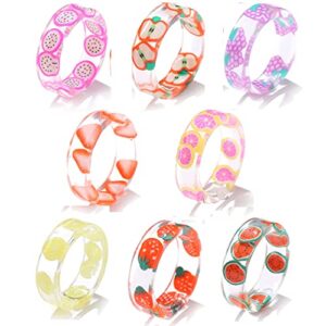 winwinfly 8pcs colorful acrylic resin chunky rings for women, trendy unique plastic and transparent stacking rings, cute retro open finger rings jewelry for women